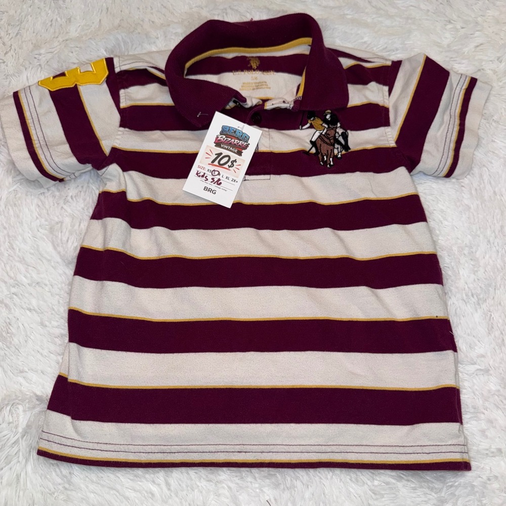 U.S. Polo Assn Polo Shirt Kids Size 5/6 Burgundy White Striped Short Slv